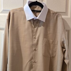 Men's Tan Dress Shirt with White Collar, Cuffs And Matching Cuff Links 17.5